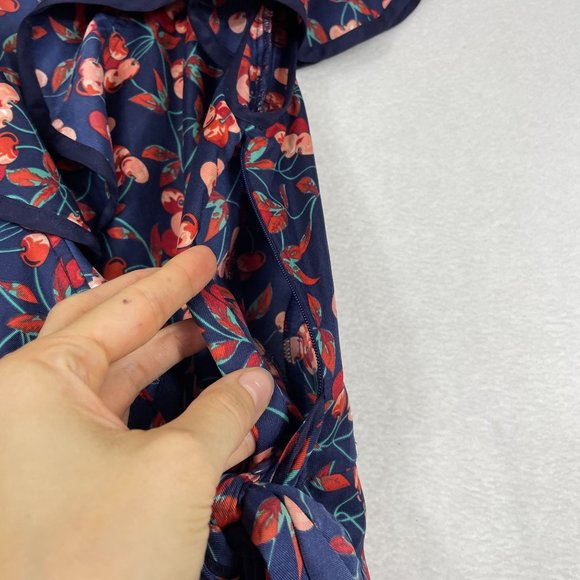 Anthropologie Hey There Cereja Cherry Print Faux Wrap Dress Size 6 Blue Satin - Picture 11 of 15